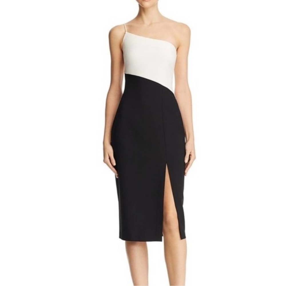 🆕 LIKELY Cassidy One Shoulder Sheath Cocktail Dress Colorblock Black White 00
